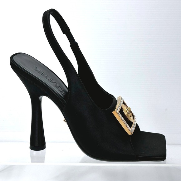 Versace Size 37 US 7 Black Satin Slingback Heels Rhinestone Medusa Square Toe - Picture 2 of 15